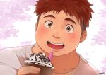  1boy :d blush cherry_blossoms chocolate_syrup commentary_request drinking_straw food highres hijirino_yuuta holding holding_food ice_cream incoming_food looking_at_viewer plump red_eyes redhead ryota_(housamo) shirt short_hair sideburns signature smile solo sundae teeth tokyo_afterschool_summoners undercut upper_teeth whipped_cream white_shirt 