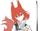  1girl animal_ears arknights armor bright_pupils earpiece flametail_(arknights) hair_between_eyes looking_at_viewer portrait red_eyes redhead simple_background sketch solo squirrel_ears squirrel_girl squirrel_tail tail toto_(t0t00629) white_background white_pupils 