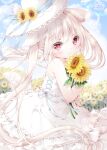 1girl animal_ears bangs blue_ribbon blue_sky blurry blurry_background blush bubble child clouds cloudy_sky commentary_request dress flower from_side hat hat_ribbon highres holding holding_flower long_hair looking_at_viewer moco_ofuton original outdoors red_eyes ribbon sidelocks sky smile solo sunflower tail very_long_hair white_dress white_hair white_headwear 