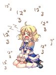  bangs black_footwear blonde_hair brown_shirt crying enone fang mary_janes messy_hair mizuhashi_parsee pointy_ears shirt shoes short_hair short_sleeves sitting socks tears touhou wariza white_background wrist_cuffs 