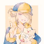  1boy blonde_hair blue_jumpsuit border commentary_request fur_trim grey_eyes hair_over_one_eye hand_up hat holding holding_pokemon index_finger_raised jumpsuit long_sleeves lowres male_focus pokemon pokemon_(creature) pokemon_(game) pokemon_legends:_arceus ryokuno_green smile sparkle togepi upper_body volo_(pokemon) white_border yellow_background yellow_headwear 