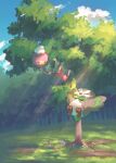  bird closed_eyes clouds commentary_request day drifloon flower grass light_rays mokukitusui no_humans outdoors pokemon pokemon_(creature) rowlet sky tree 