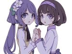  2girls :o absurdres brown_hair dress flower hair_flower hair_ornament highres holding_hands kame_(kamepan44231) long_hair long_sleeves multiple_girls purple_hair short_hair simple_background touhou tsukumo_benben tsukumo_yatsuhashi white_background yellow_dress 