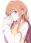  1girl bangs blush brown_eyes copyright_request ixy long_sleeves looking_at_viewer orange_hair own_hands_together simple_background solo upper_body white_background 