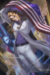  1boy @acchom_zatta absurdres american_flag arms_up belt blonde_hair blue_eyes closed_mouth dirty_deeds_done_dirt_cheap funny_valentine glaring gloves highres historical_american_flag jacket jojo_no_kimyou_na_bouken long_hair long_sleeves looking_at_viewer male_focus multiple_views purple_gloves purple_shirt shirt solo stand_(jojo) steel_ball_run white_jacket 