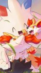  1other ^_^ animal_ear_fluff animal_ears animal_feet animal_hands animal_nose black_fur blue_sky body_fur braixen closed_eyes closed_mouth clouds commentary day fang fennekin fox_ears fox_tail fur_collar furry grass happy highres holding_hands looking_at_another looking_back looking_up multicolored_fur on_ground open_mouth outdoors pokemon pokemon_(creature) red_eyes sitting skin_fang sky smile snout tail tarnar togekiss white_fur yellow_fur 
