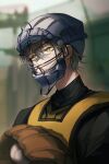  1boy absurdres baseball_catchers_mask baseball_mitt bishounen black_shirt brown_hair chinese_commentary from_side green_eyes hair_behind_ear hair_between_eyes highres ike_eveland leiteu male_focus nijisanji nijisanji_en portrait shirt short_hair solo vest virtual_youtuber yellow_vest 