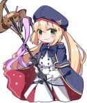  1girl artoria_caster_(fate) artoria_caster_(second_ascension)_(fate) artoria_pendragon_(fate) black_gloves blonde_hair blue_bow blue_bowtie blue_cape blue_capelet blue_headwear blush bow bowtie buttons cape capelet chibi closed_mouth cowboy_shot cropped_legs double-breasted dress fate/grand_order fate_(series) gloves green_eyes hat holding holding_staff long_hair looking_at_viewer rabiiandrain red_cape simple_background smile solo staff twintails two-sided_cape two-sided_fabric white_background white_dress 