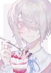  10_io blonde_hair blue_ribbon chocolate_syrup cream cream_on_face food food_on_face frilled_skirt frilled_sleeves frills fruit grey_hair hair_ornament hair_over_one_eye hairclip highres ice_cream_cup light_blush looking_at_viewer original otoko_no_ko pink_eyes ribbon skirt solo strawberry upper_body wavy_mouth 