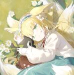 1girl absurdres animal animal_ear_fluff animal_ears arknights arm_up bag bangs black_cat blonde_hair blue_dress blue_hairband cat closed_mouth commentary_request day dress flower fox_ears fox_girl fox_tail frilled_hairband frills grass green_eyes hair_in_mouth hairband hand_up highres jacket kitsune long_hair long_sleeves luoxiaohei lying multicolored_hair neck_ribbon on_grass on_side open_clothes open_jacket outdoors puffy_long_sleeves puffy_sleeves red_ribbon ribbon sleeves_past_wrists smile suzuran_(arknights) suzuran_(spring_praise)_(arknights) tail the_legend_of_luo_xiaohei two-tone_hair white_flower white_hair white_jacket yuyin_(uzrv7533)