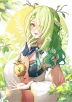  1girl absurdres amulet antlers apple braid ceres_fauna dress fingerless_gloves flower food french_braid fruit gloves golden_apple green_hair hair_flower hair_ornament hair_over_one_eye highres hololive hololive_english jewelry kurosuke_(gd_5253) leaf mole mole_under_eye multicolored_hair open_mouth ring smile solo two-tone_hair upper_body virtual_youtuber yellow_eyes 