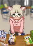 1girl alternate_costume animal_ears blonde_hair brown_hair cat_ears cat_girl chair commentary_request convention glasses green_eyes kemono_friends long_sleeves looking_at_viewer looking_up manga_(object) margay_(kemono_friends) mask multicolored_hair pink_mask pink_sweater sitting solo sweater yumeumi_sousaku