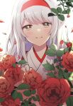  1girl anbutter_siruko blush closed_mouth flower hair_between_eyes hairband hakama headband highres japanese_clothes kantai_collection lips long_hair red_flower red_headband red_rose rose shoukaku_(kancolle) smile solo upper_body white_background white_hair yellow_eyes 