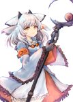  1girl absurdres arknights black_gloves coat cowboy_shot dress gloves goggles goggles_around_neck grey_coat grey_hair highres holding holding_staff medium_hair open_clothes open_coat orange_eyes owl_ears ptilopsis_(arknights) simple_background solo staff utinokofia white_background white_dress 