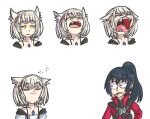  1boy 1girl animal_ears cat_ears cat_girl chest_jewel cropped_torso english_commentary fangs horrified jacket mio_(xenoblade) noah_(xenoblade) open_mouth red_jacket simple_background snakeycake white_background wide-eyed xenoblade_chronicles_(series) xenoblade_chronicles_3 yawning yellow_eyes 