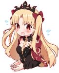  1girl bare_shoulders black_dress blonde_hair blush bow cape chibi detached_collar dress earrings embarrassed ereshkigal_(fate) fate/grand_order fate_(series) flying_sweatdrops hair_bow jewelry long_hair looking_at_viewer nervous rabiiandrain red_bow red_cape red_eyes simple_background solo steepled_fingers strapless strapless_dress sweatdrop tiara two_side_up very_long_hair white_background 