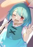  1girl ;d blue_hair blue_skirt blue_vest cross-laced_clothes holding holding_umbrella looking_at_viewer one_eye_closed open_mouth piyodesu purple_umbrella red_eyes shirt short_sleeves skirt smile solo tatara_kogasa tongue tongue_out touhou umbrella vest white_shirt 