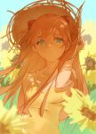  1girl absurdres bangs bare_arms bare_shoulders blue_eyes blue_sky day dress expressionless flower grass hair_between_eyes hair_tucking hairpods hand_up hat highres long_hair looking_at_viewer neon_genesis_evangelion orange_hair outdoors que_liu shade sky solo souryuu_asuka_langley straw_hat sun_hat sundress sunflower two_side_up upper_body wind yellow_dress yellow_flower 