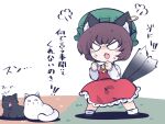  1girl :3 anger_vein angry animal_ear_fluff animal_ears brown_hair cat cat_ears cat_tail chen earrings fried_rice0614 green_headwear hat jewelry mob_cap multiple_tails nekomata open_mouth single_earring tail touhou two_tails yawning 