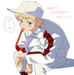  1boy ace_of_diamond airpods baseball_cap blonde_hair blue_eyes dangomochi2 dated happy_birthday hat highres jacket long_sleeves male_focus narumiya_mei pants short_hair simple_background sitting solo speech_bubble tongue tongue_out white_background white_headwear white_jacket white_pants wireless_earphones 