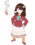  1girl absurdres bangs blazer blue_eyes blue_necktie blush brown_footwear brown_hair brown_jacket chibi dress flower hair_flower hair_ornament hana_macchia high_heels highres jacket joint_(drug) looking_at_viewer medium_hair meme necktie nijisanji nijisanji_id orange_socks ralsei_smoking_a_blunt_(meme) smile smoking socks solo unfamousradish virtual_youtuber white_background white_dress yellow_flower 