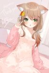  1girl absurdres animal_ear_fluff animal_ears bare_shoulders bed breasts brown_hair buran_buta cardigan claw_pose clothes_down commission curtains dress green_eyes highres long_hair on_bed open_cardigan open_clothes pink_cardigan second-party_source sitting skeb_commission sleeveless sleeveless_dress sleeves_past_fingers sleeves_past_wrists small_breasts vrchat white_dress 