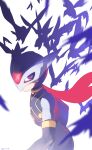 1boy absurdres bird cape closed_mouth helmet hidden_phantom highres male_focus mega_man_(series) mega_man_zero phantom_(mega_man) phantom_(rockman) red_cape simple_background solo tanziya_(codlxcold) upper_body violet_eyes white_background