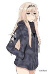  1girl absurdres ak-12_(faint_light_of_furthest_day)_(girls&#039;_frontline) ak-12_(girls&#039;_frontline) ak-12_(girls&#039;_frontline)_(cosplay) an-94_(girls&#039;_frontline) artist_name bangs black_undershirt blonde_hair blush camouflage camouflage_jacket chinese_commentary cosplay cowboy_shot defy_(girls&#039;_frontline) girls_frontline grey_jacket hairband hands_in_pockets highres hood hoodie jacket long_hair looking_at_viewer no_pants redteablackcoffee sidelocks solo thighs turtleneck undershirt very_long_hair white_background 