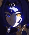  1girl artist_name bangs bare_shoulders blue_eyes blue_hair candace_(genshin_impact) dark-skinned_female dark_blue_hair dark_skin egyptian_clothes english_commentary eye_of_horus eyelashes forehead_jewel gem genshin_impact hair_ornament heterochromia highres jewelry looking_at_viewer neck_ring parted_lips portrait short_hair_with_long_locks sidelighting solo star-shaped_pupils star_(symbol) symbol-shaped_pupils upper_body xena_rai yellow_eyes 