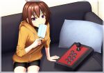  1girl absurdres bangs black_shorts brown_hair controller couch eating food game_controller highres holding holding_food hood hood_down hoodie joystick linne looking_at_viewer on_couch orange_hoodie pillow popsicle rai_inase shorts sitting solo under_night_in-birth violet_eyes 