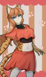  1girl blue_eyes breasts brown_hair character_request closed_mouth copyright_request crop_top fang fang_out furry furry_female highres jewelry long_hair midriff navel necklace red_skirt short_sleeves simple_background skirt solo tail thick_eyebrows tiger_girl tp10 