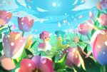  ^_^ banned_artist closed_eyes commentary_request day falling_petals flower grass nin_(female) no_humans open_mouth outdoors petals pink_flower pokemon pokemon_(creature) shellos shellos_(east) shellos_(west) sky smile sun watermark 