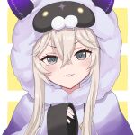  1girl animal_hood bangs blonde_hair blush commentary_request crossed_bangs fangs fangs_out grey_eyes highres hinaneko hololive hood hood_up hoodie long_hair looking_at_viewer purple_hoodie shishiro_botan sleeves_past_wrists smile solo upper_body v-shaped_eyebrows 