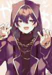  1boy :d animal_ears animal_hood background_text bangs black_hair black_sweater brown_background chain claw_pose earrings fake_animal_ears gold_chain hair_between_eyes hands_up highres hood hood_up hooded_jacket indie_virtual_youtuber jacket jewelry lightning_bolt_symbol long_sleeves looking_at_viewer male_focus purple_jacket ribbed_sweater shoto_(vtuber) signature smile sofra solo stud_earrings sweater turtleneck turtleneck_sweater twitter_username upper_body violet_eyes virtual_youtuber 