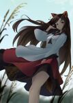  1girl animal_ears bangs bare_legs between_breasts black_hair black_skirt blurry blurry_background blurry_foreground breasts brooch brown_hair clouds cowboy_shot dress feet_out_of_frame field floating_hair from_below highres imaizumi_kagerou jewelry kanpa_(campagne_9) layered_dress long_hair long_sleeves looking_at_viewer monster_girl outdoors parted_lips plant red_eyes red_skirt ruffling_hair skirt sky small_breasts solo swept_bangs tail touhou very_long_hair white_dress wide_sleeves wolf_ears wolf_tail 