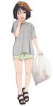  1girl artist_name brown_eyes brown_hair hand_up mattaku_mousuke messy_hair one_eye_closed open_mouth original sandals shirt short_hair sleepy solo t-shirt teeth trash_bag upper_teeth watermark white_background yawning 