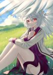  1girl absurdres ailu_elf bangs blue_sky blush bow bowtie breasts chinese_commentary closed_mouth clouds cloudy_sky collared_dress collared_jacket commentary_request dress feet_out_of_frame grass grey_hair grey_jacket hair_between_eyes hand_up highres jacket kishin_sagume long_sleeves looking_to_the_side medium_breasts nature open_clothes open_jacket outdoors pointing ponytail puffy_long_sleeves puffy_sleeves purple_dress red_bow red_bowtie red_eyes scenery short_hair short_ponytail single_wing sitting sky smile solo touhou wings 