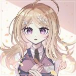  1girl ahoge akamatsu_kaede artist_name bangs blush breasts brown_background brown_necktie collared_shirt commentary_request danganronpa_(series) danganronpa_v3:_killing_harmony hair_ornament hands_up large_breasts mikao_(eanv5385) musical_note musical_note_hair_ornament nail_polish necktie open_mouth own_hands_together petals pink_eyes pink_nails pink_vest shiny shiny_hair shirt solo upper_body vest white_background white_shirt 