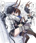  ... 2girls :3 amiya_(arknights) animal_ears arknights bangs belt black_gloves black_hair black_pantyhose blaze_(arknights) blue_eyes brown_hair cat_ears cat_girl cat_tail closed_eyes commentary couch facing_another fingerless_gloves flying_sweatdrops gloves grey_thighhighs hair_between_eyes highres hug long_hair looking_at_another lying multiple_girls na_tarapisu153 on_back on_couch on_side pantyhose rabbit_ears sketch spoken_ellipsis tail thigh-highs thigh_belt thigh_strap thought_bubble translated 