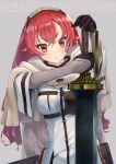  1girl agmt bangs breasts capelet chest_guard closed_mouth crossed_bangs eris_greyrat eyelashes gloves hair_between_eyes headband highres holding holding_sword holding_weapon long_hair long_sleeves mushoku_tensei red_eyes redhead shirt small_breasts solo sword thick_eyebrows upper_body weapon white_shirt wide_sleeves 