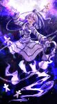  1girl absurdres cuffs full_body ghost ghost_tail gloves grey_eyes grey_hair hair_between_eyes hair_tubes highres long_sleeves looking_at_viewer miyadeguchi_mizuchi nettian51 ponytail prison_clothes sharp_teeth shirt sidelocks skirt solo striped striped_shirt striped_skirt teeth touhou white_gloves 