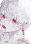  10_io 1boy bishounen blood blood_from_mouth earrings highres jewelry looking_at_viewer male_focus original pointy_ears red_eyes shirt solo vampire white_background white_hair white_shirt 