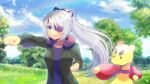  1girl bangs black_shirt blue_eyes blue_sky blurry blurry_background clenched_hands closed_mouth clouds commission day depth_of_field eyepatch fur-trimmed_jacket fur_trim green_jacket grey_hair hair_between_eyes jacket kou_hiyoyo long_hair long_sleeves mienfoo open_clothes open_jacket original outdoors outstretched_arm pokemon pokemon_(creature) ponytail puffy_long_sleeves puffy_sleeves shirt skeb_commission sky smile standing v-shaped_eyebrows very_long_hair 
