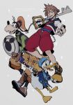  3boys belt bird black_vest blue_belt blue_eyes blue_headwear brown_footwear brown_hair brown_pants buck_teeth cropped_jacket dog donald_duck duck full_body goofy green_sweater grey_background hat highres holding holding_shield holding_staff holding_weapon hood hood_down hooded_jacket jacket jumpsuit keyblade kingdom_hearts long_sleeves looking_at_viewer male_focus multiple_boys no_pants oimo_(oimkimn) open_mouth orange_headwear over_shoulder pants red_jumpsuit shield short_hair short_sleeves smile sora_(kingdom_hearts) spiky_hair staff sweater teeth turtleneck turtleneck_sweater upper_teeth vest weapon weapon_over_shoulder yellow_wine_(food_fantasy) 