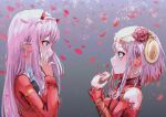  2girls anift aqua_nails bangs closed_mouth commentary_request crown_of_thorns darling_in_the_franxx destiny_(takt_op.) detached_sleeves doughnut dress eating eyebrows_hidden_by_hair falling_petals flower food food_on_face gradient gradient_background green_eyes grey_background hair_flower hair_ornament hairband hand_to_own_face horns long_hair long_sleeves looking_at_another multiple_girls petals pink_hair pink_nails red_dress red_flower red_horns red_rose rose rose_petals short_hair_with_long_locks takt_op._destiny upper_body white_hairband zero_two_(darling_in_the_franxx) 
