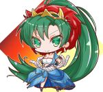  1girl breasts chibi earrings fire_emblem fire_emblem:_the_blazing_blade fire_emblem_heroes green_eyes green_hair griffonmask11 high_ponytail highres jewelry large_breasts long_hair lyn_(fire_emblem) mask mask_on_head official_alternate_costume ponytail solo very_long_hair 