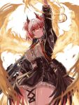  1girl arknights black_jacket black_skirt breasts bright_pupils edobox feather_trim fiammetta_(arknights) fiery_wings fire gun holding holding_gun holding_weapon jacket large_breasts necktie red_eyes redhead shirt skirt thigh_strap thighs weapon white_background white_pupils white_shirt wings 