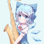  1girl absurdres blue_background blue_bow blue_dress blue_eyes blue_hair blush bow bowtie cirno closed_mouth collared_shirt detached_wings dress hair_between_eyes hair_bow highres holding holding_instrument ice ice_wings instrument looking_at_viewer puffy_short_sleeves puffy_sleeves red_bow red_bowtie saxophone shirt short_hair short_sleeves simple_background smile solo tian_yang touhou upper_body white_shirt wings 