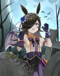 1girl animal_ears arms_up bat_wings blue_flower blue_rose brown_hair claw_pose fake_wings fang flower full_moon grave graveyard hair_over_one_eye highres horse_ears horse_girl long_hair looking_at_viewer maid_headdress make_up_in_halloween!_(umamusume) moon night official_alternate_costume open_mouth outdoors puffy_short_sleeves puffy_sleeves rice_shower_(make_up_vampire!)_(umamusume) rice_shower_(umamusume) rose short_sleeves small-wso6-bell solo spider_web_print tombstone umamusume violet_eyes wings 