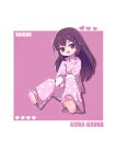  1girl absurdres artist_name barefoot border brown_eyes collared_shirt commentary_request feet heart heart_print highres kuma-bound long_hair long_sleeves original outside_border pajamas pants pink_background pink_pajamas pink_pants pink_shirt purple_hair shirt soles solo toes white_border 